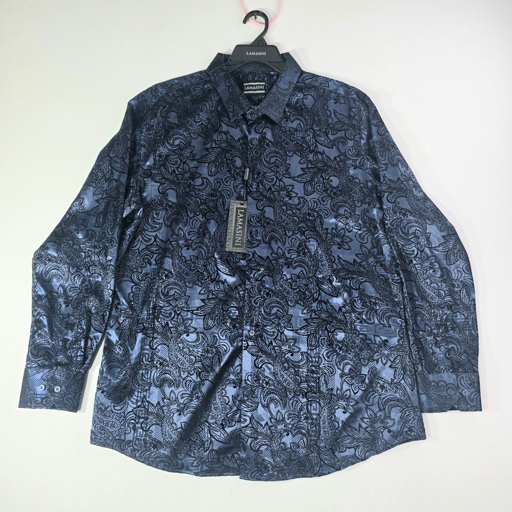 Lamasini Mens 2XL Navy Blue Black Paisley Flocked Button Down Shirt Long Sleeve